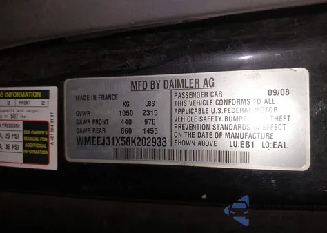 2008 Smart Fortwo Passion/Pure из США, поврежденный, VIN WMEEJ31X58K202933